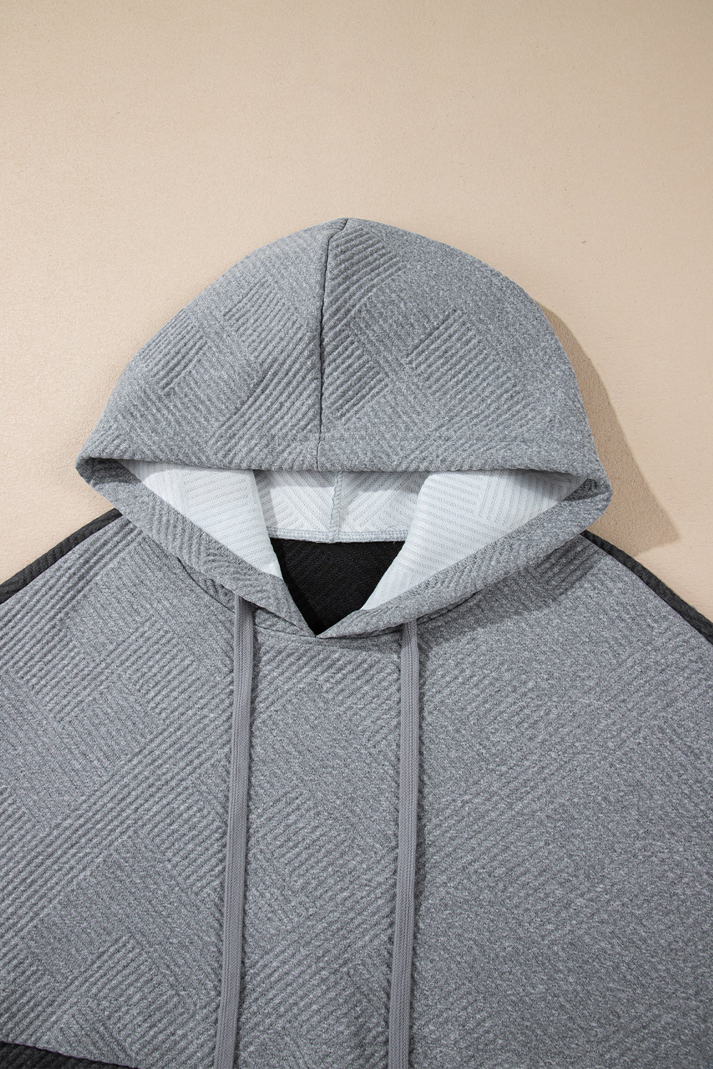 Gray Textured Patchwork Kangaroo Pocket Drop Shoulder Hoodie