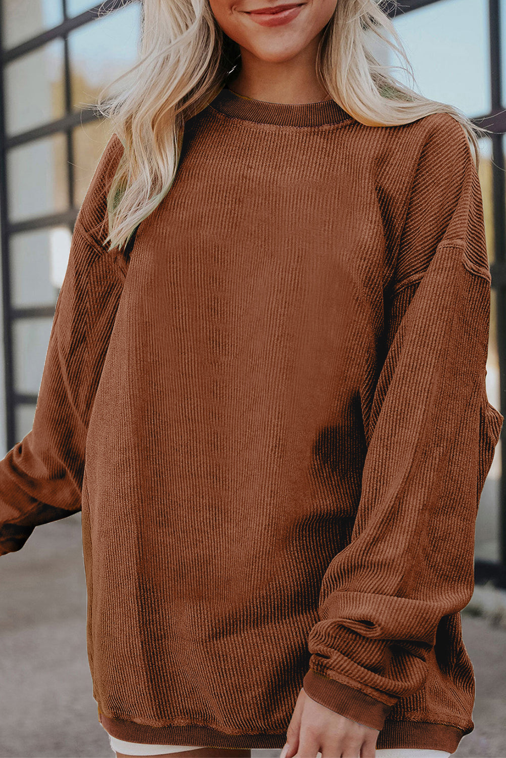 Apricot Drop Shoulder Crinkle Rib Oversized Sweatshirt