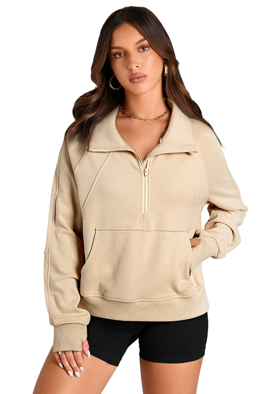 Aruba Blue Quarter Zip Stand Neck Kangaroo Pocket Sweatshirt