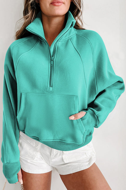 Aruba Blue Quarter Zip Stand Neck Kangaroo Pocket Sweatshirt