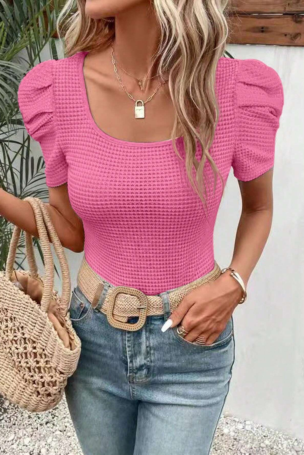 Bright Pink Scoop Neck Waffle Knit Puff Sleeve Top