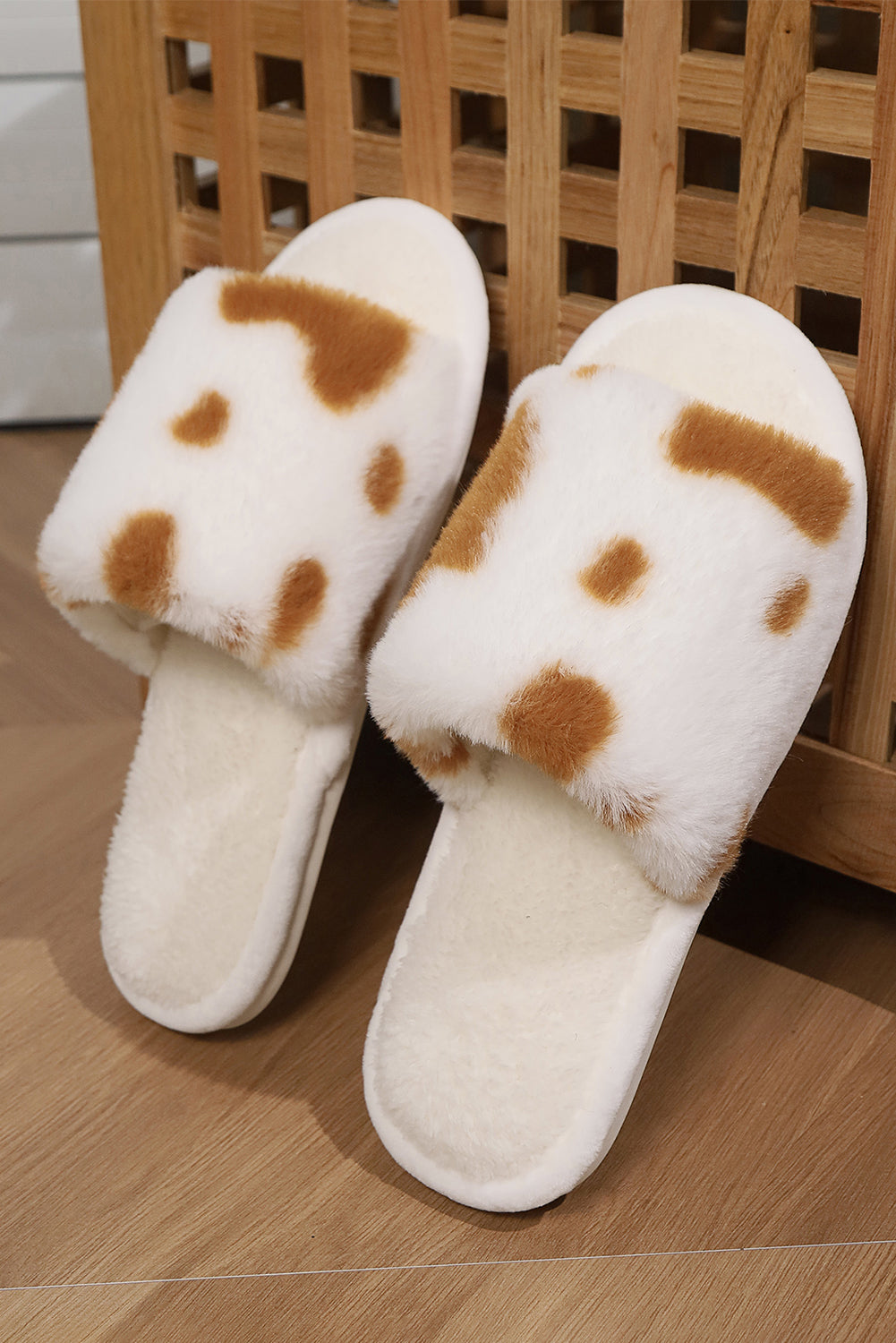 Coffee Fuzzy Cow Spots Open Toe Winter Home Slippers