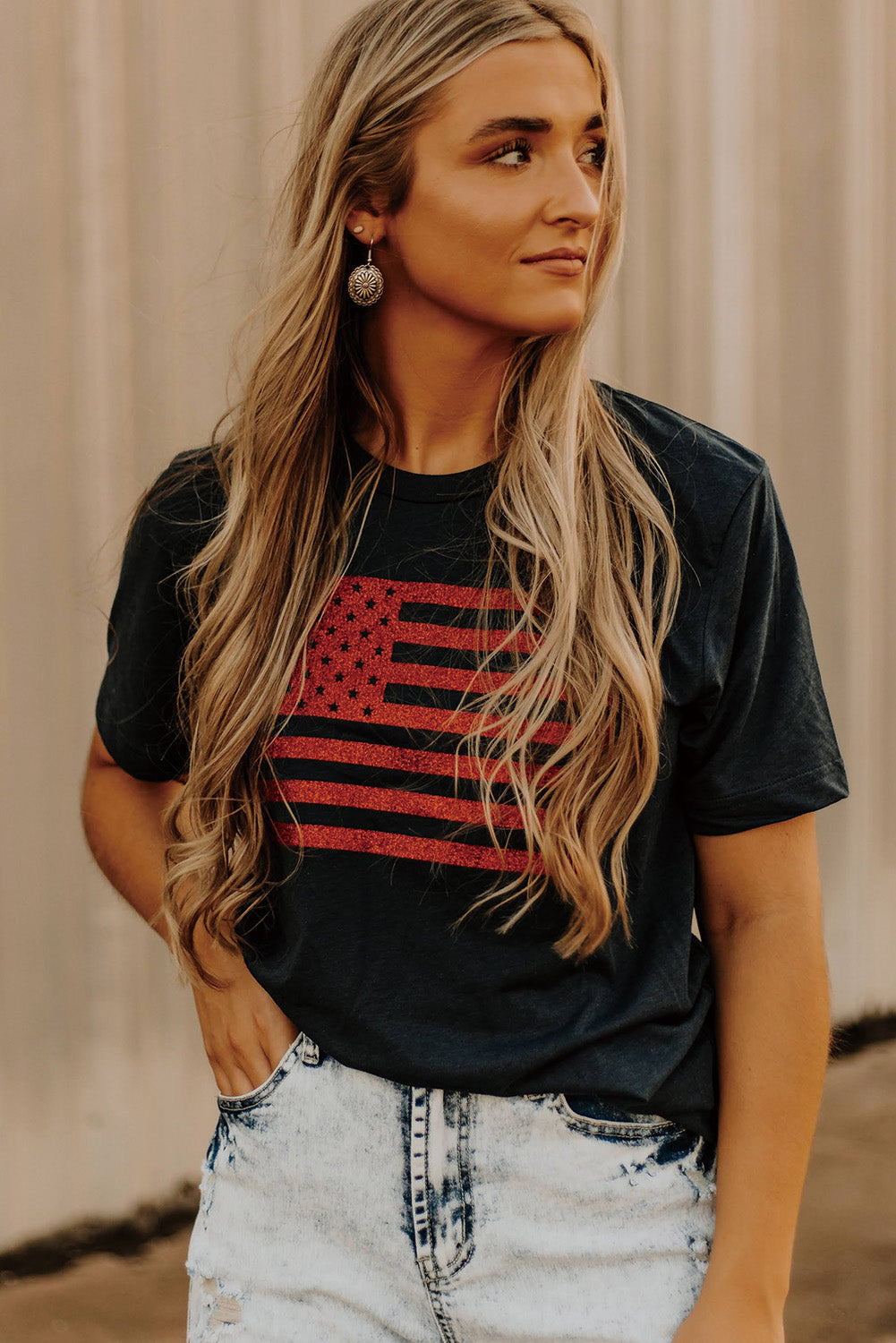 Black Sequin American Flag Graphic Round Neck T Shirt