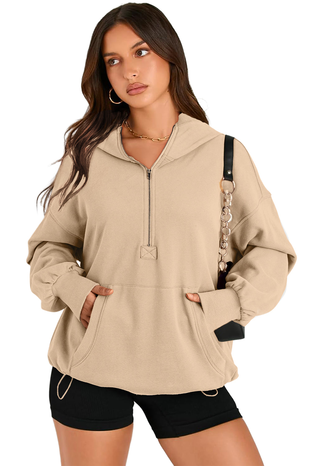 Bonbon Kangaroo Pocket Half Zipper Oversized Hoodie