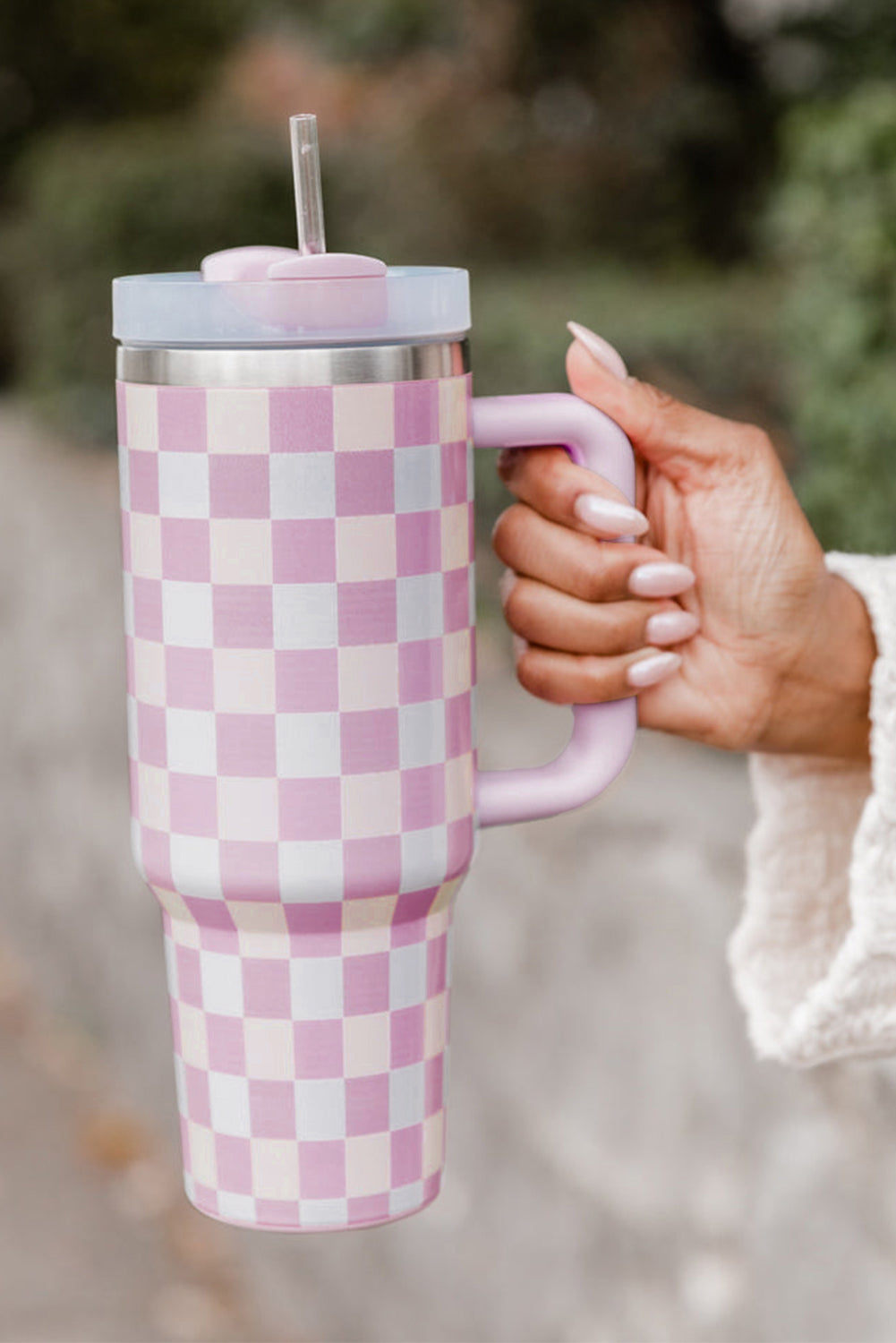 Pink Two-Tone Checkered Stainless Cup With Handle 40oz