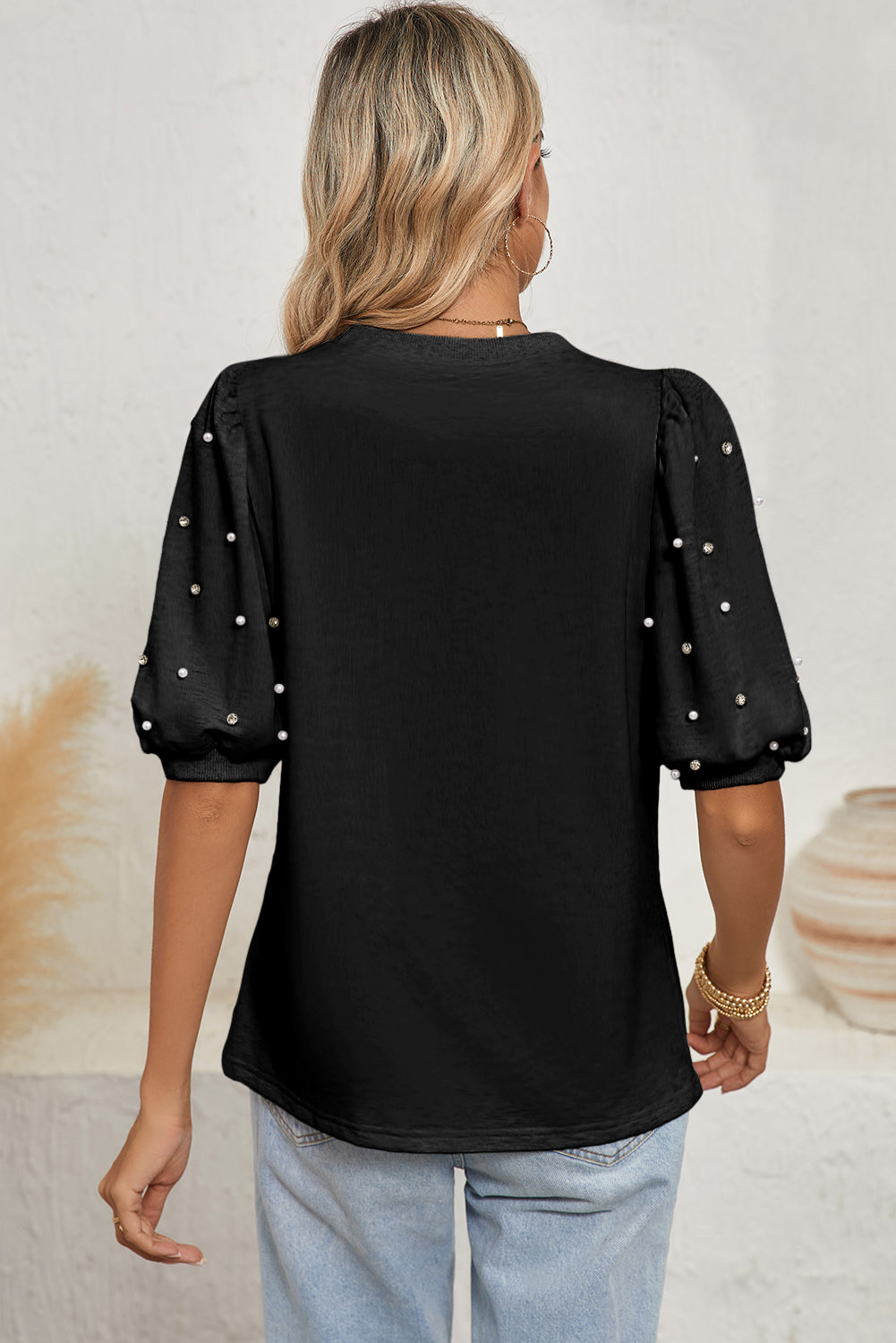 Black Rhinestone Pearl Puff Sleeve Plain T Shirt