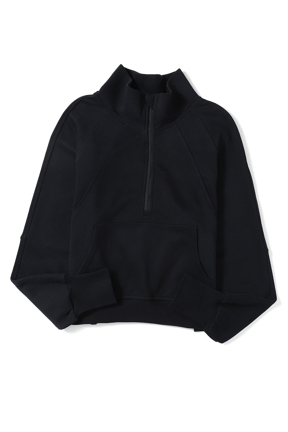 Navy Blue Zip Up Stand Collar Ribbed Thumbhole Sleeve Sweatshirt