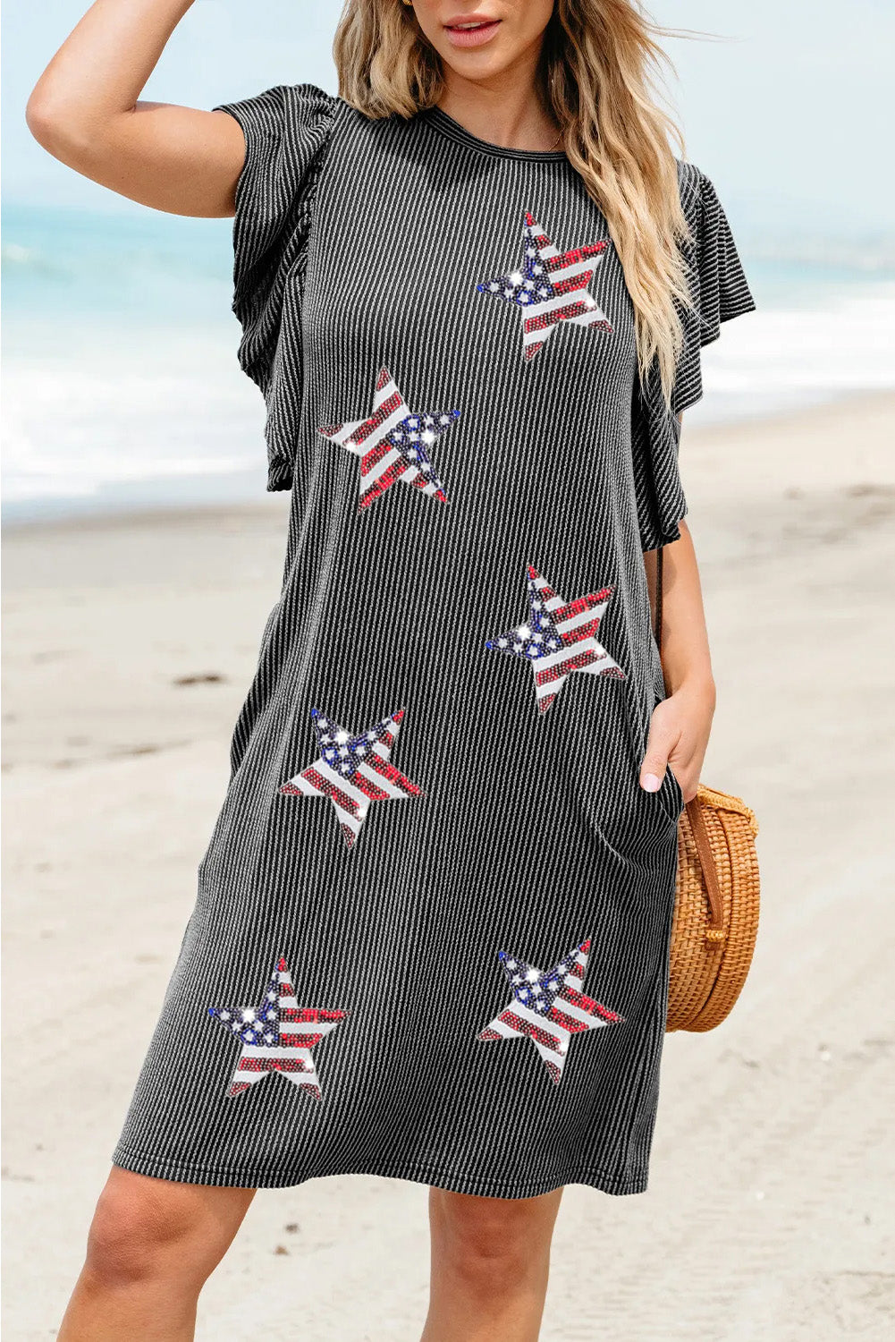 Black Corded Sequin USA Stripe Star Graphic Flutter Sleeve Dress