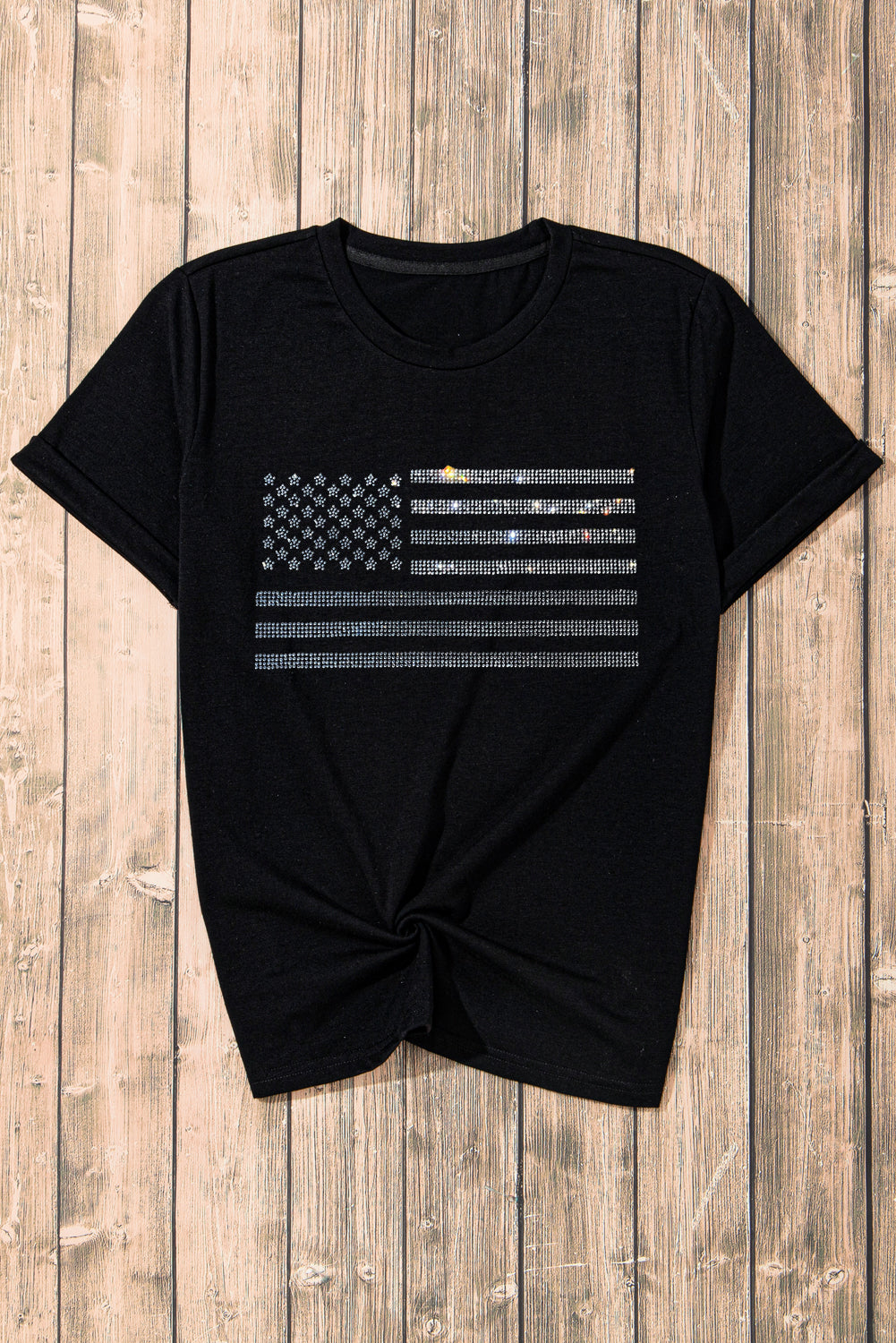 Black Rhinestone American Flag Graphic Crew Neck Tee