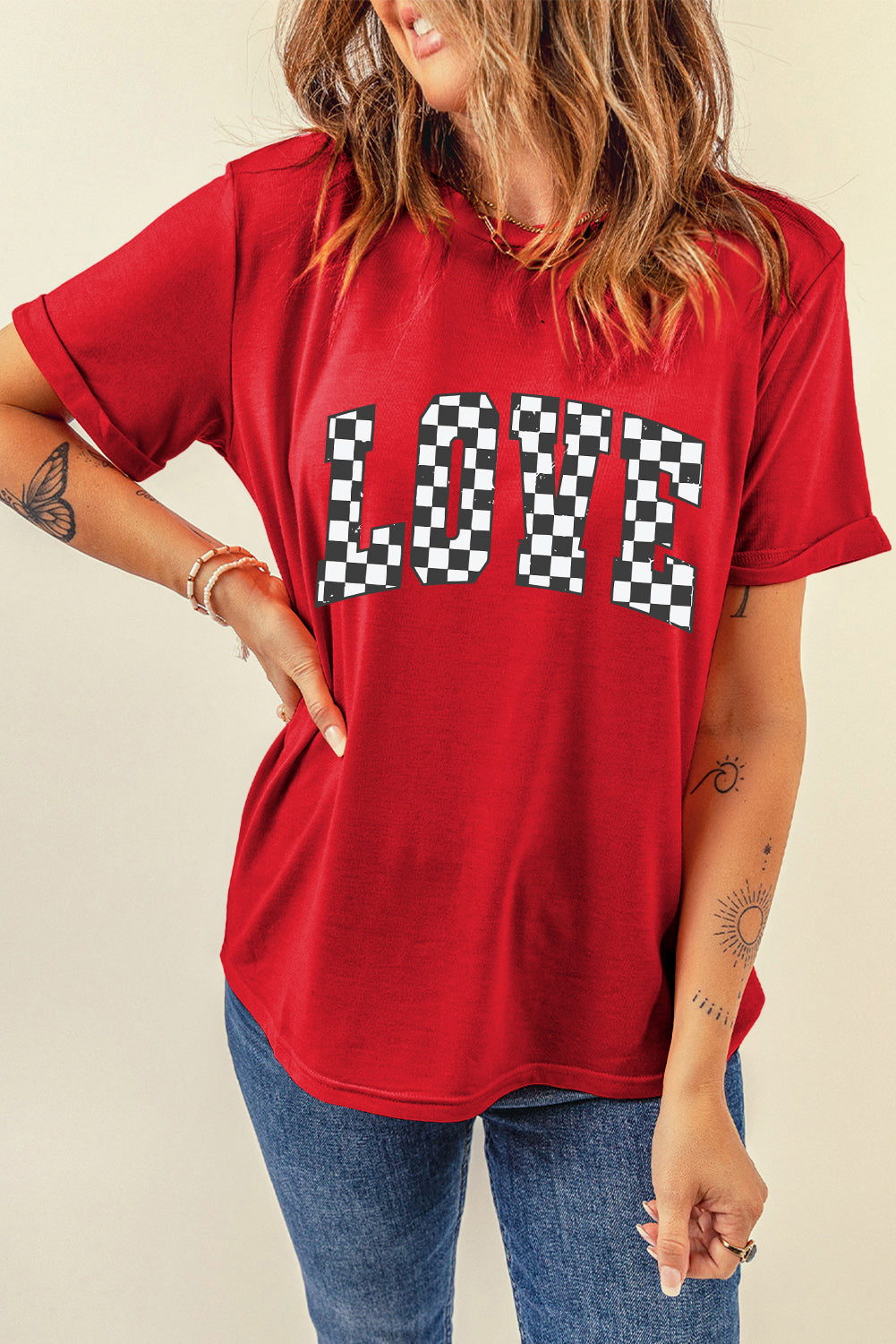 Red Checkered LOVE Letter Graphic Valentines Crewneck T Shirt