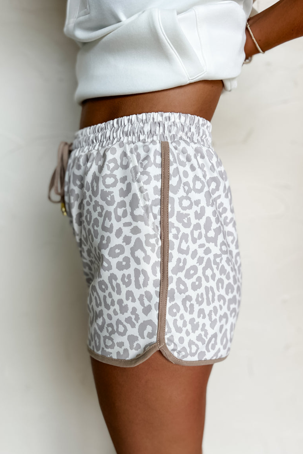 White Leopard Elastic Waist Lace up Contrast Trim Casual Shorts