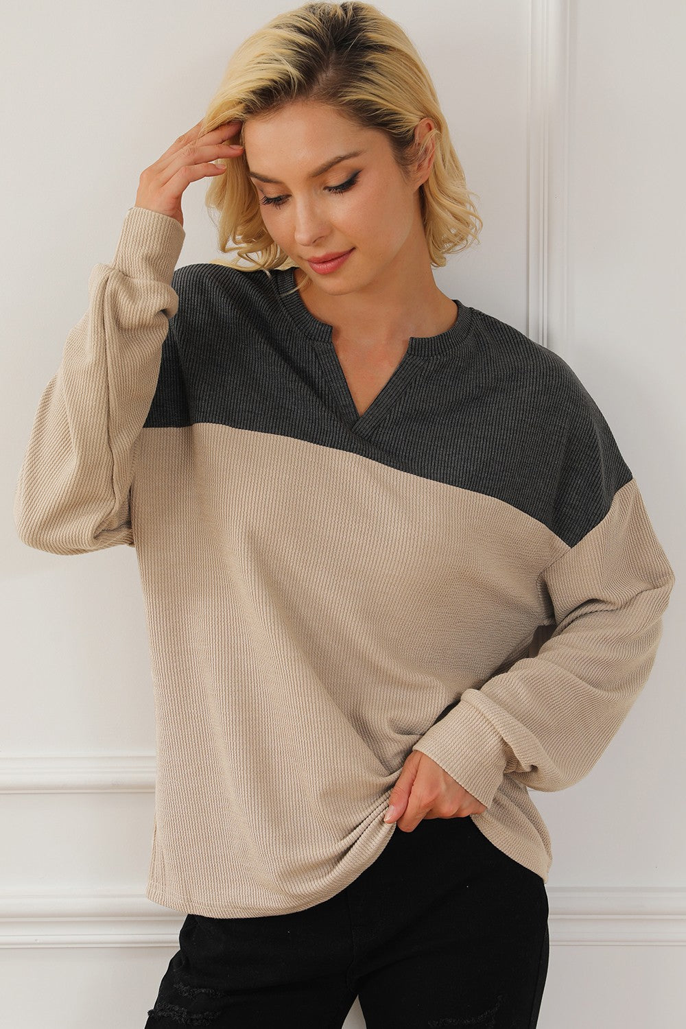 Color Block Notched Long Sleeve Sweatshirt