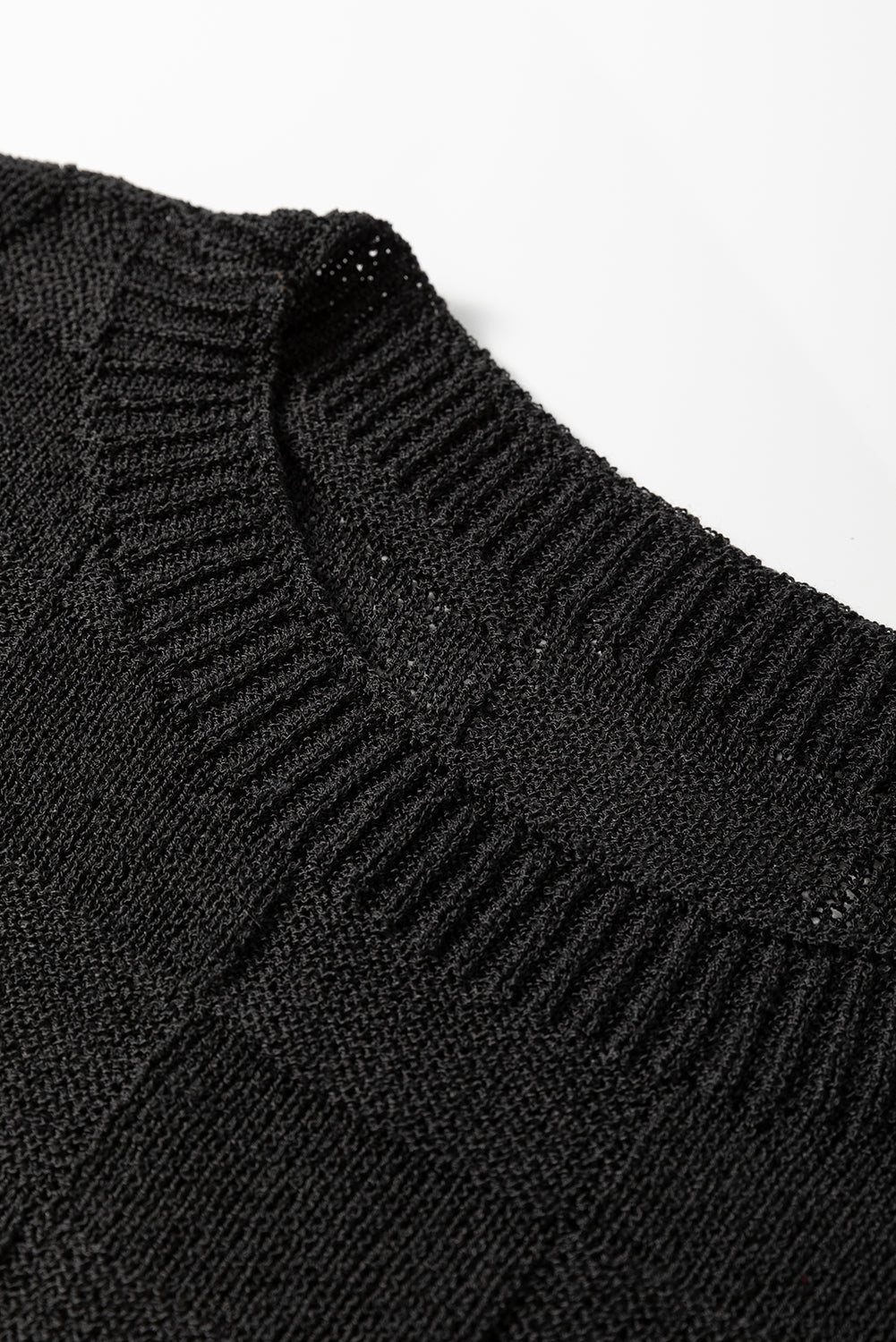 Black Lattice Textured Knit Short Sleeve Baggy Sweater