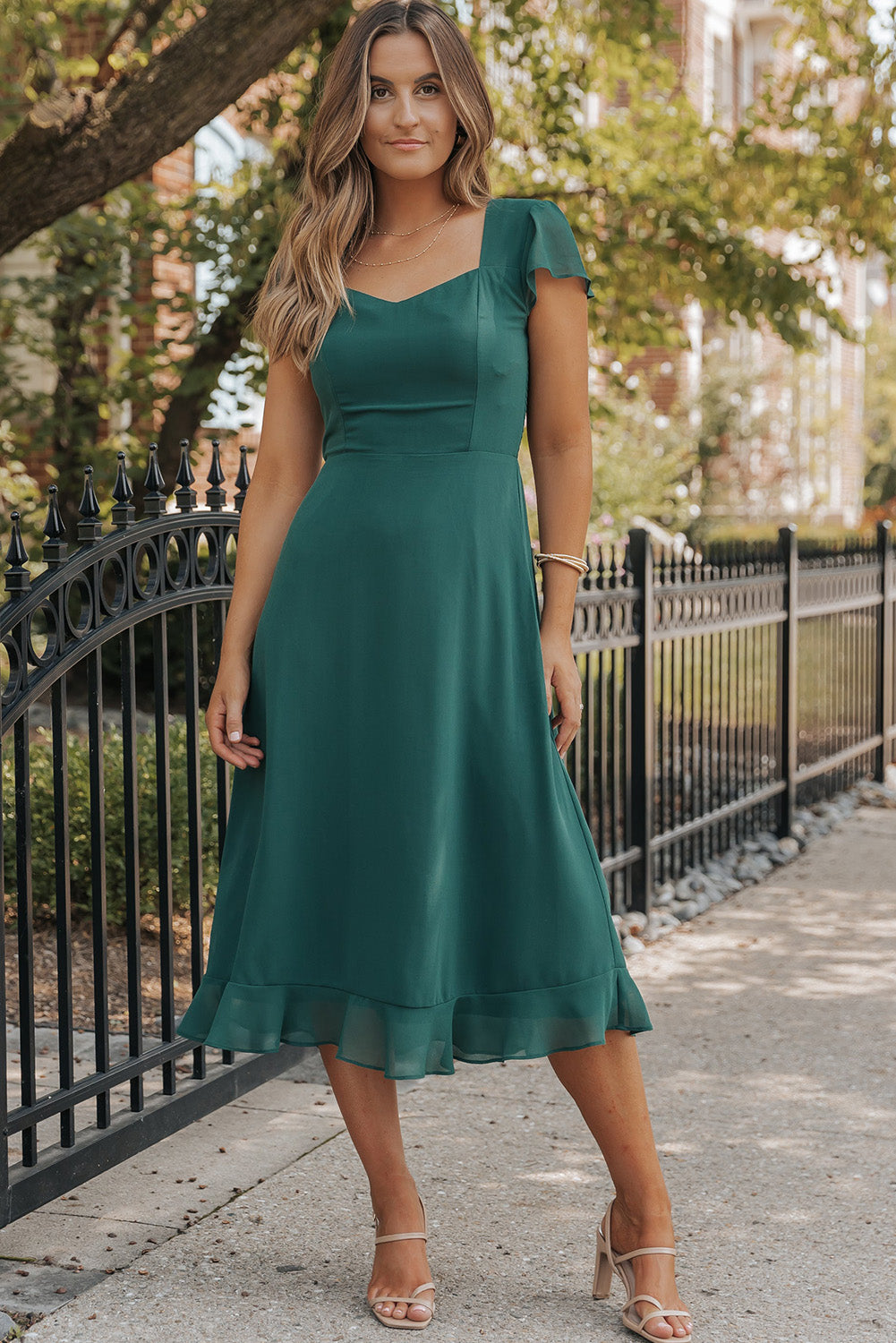 Sea Green Shirred Open Back Sweetheart Neck Ruffled Midi Dress