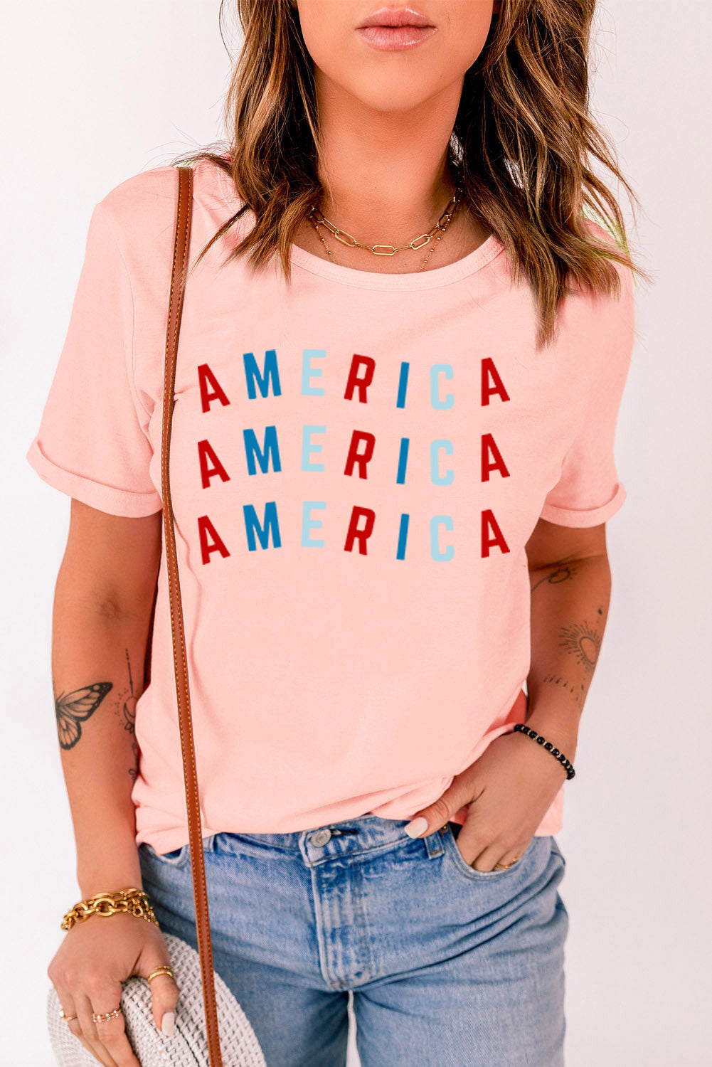 Pink 4th July AMERICA Graphic Crewneck T Shirt