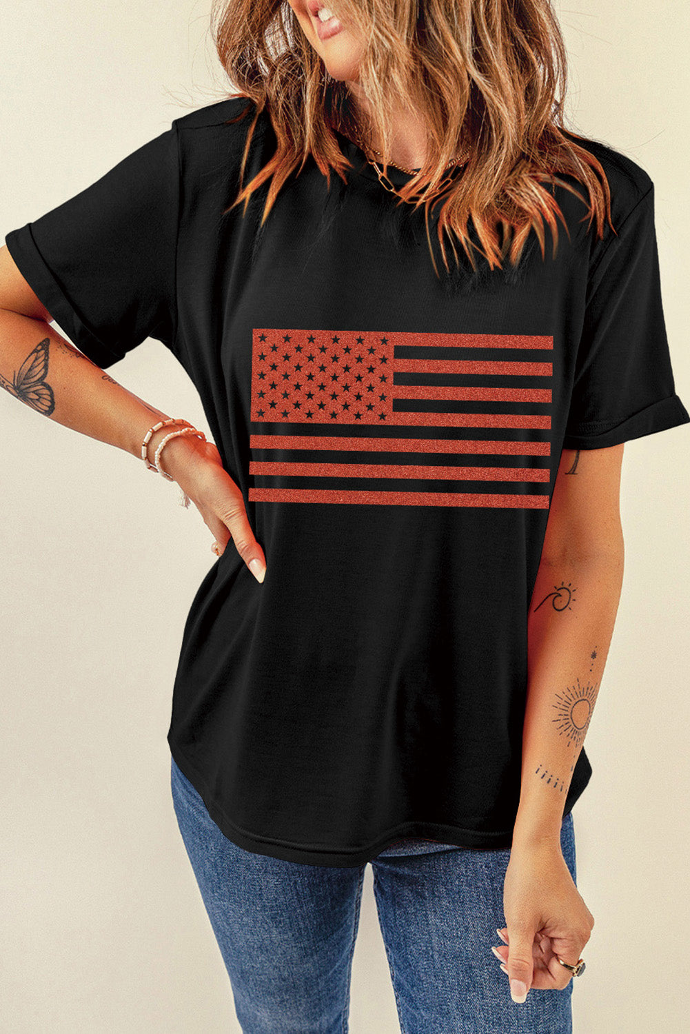 Black Sequin American Flag Graphic Round Neck T Shirt