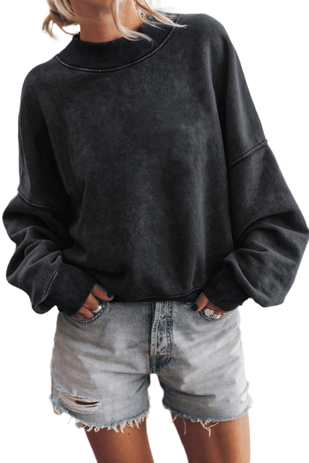 Blue Plain Drop Shoulder Crew Neck Pullover Sweatshirt