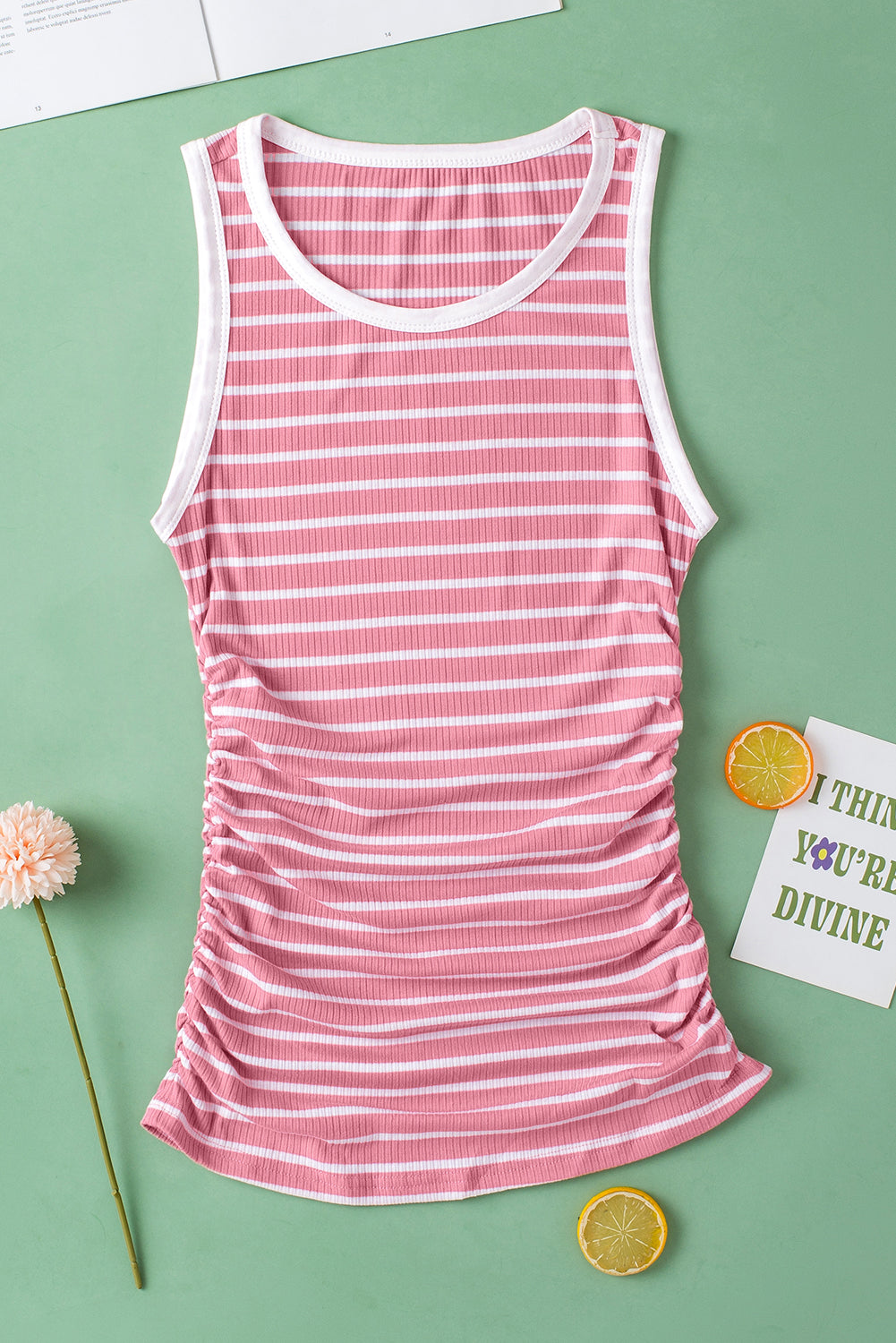 Pink Stripe Contrast Trim Sleeveless Ribbed Slim Top