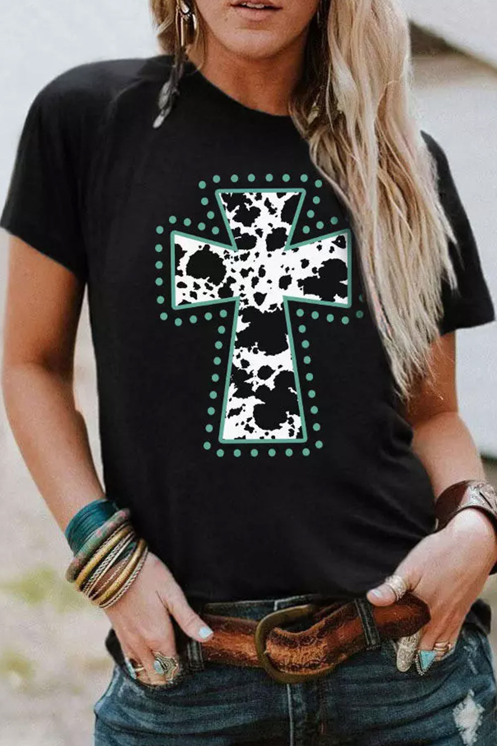 Black Animal Cross Graphic Round Neck Tee