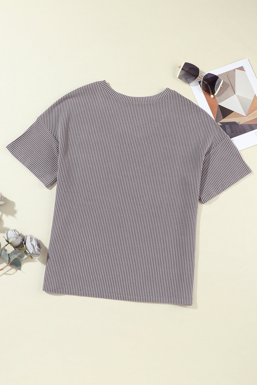 Light Grey Ribbed V Neck Pocket Drop Sleeve T-Shirt