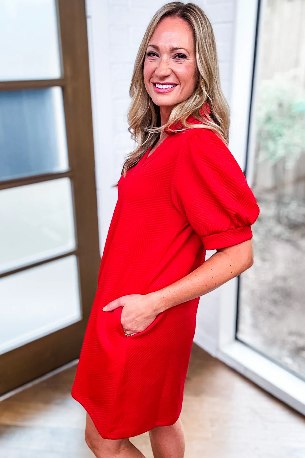 Fiery Red V Neck Puff Sleeve Textured Mini Dress