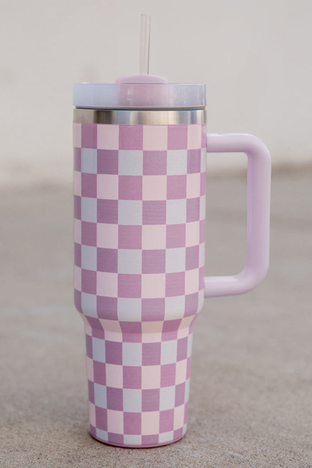 Pink Two-Tone Checkered Stainless Cup With Handle 40oz