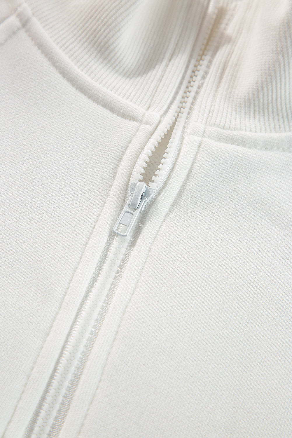 White Zipper Collared Drop Shoulder Plain Sweatshirt