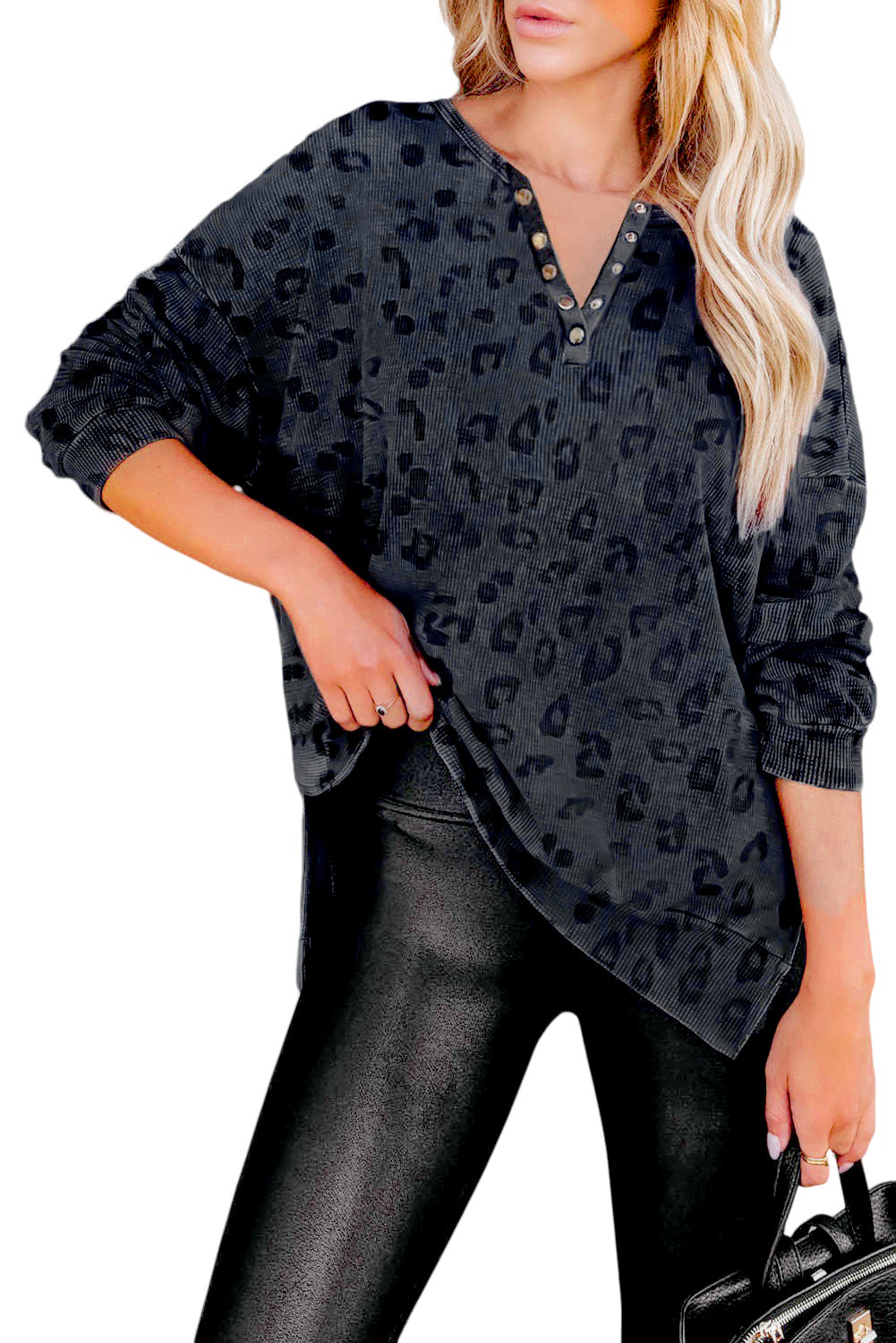 Grey Leopard Print Textured Drop Shoulder Henley Shirt