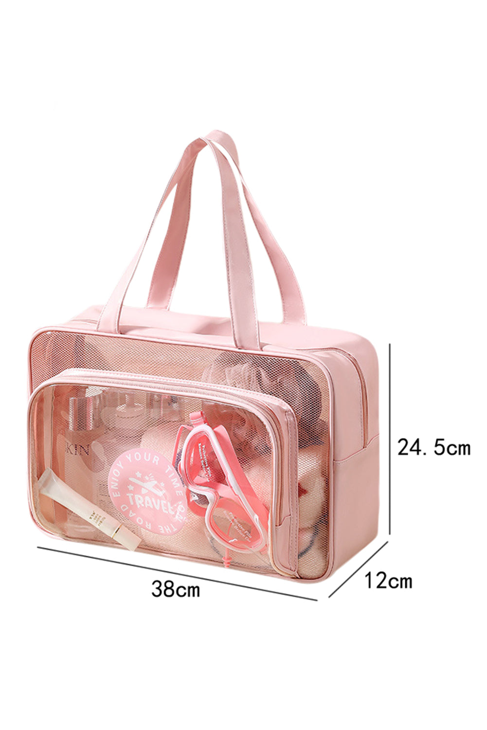 Pink Waterproof Multi Pockets Transparent Handle Makeup Bag