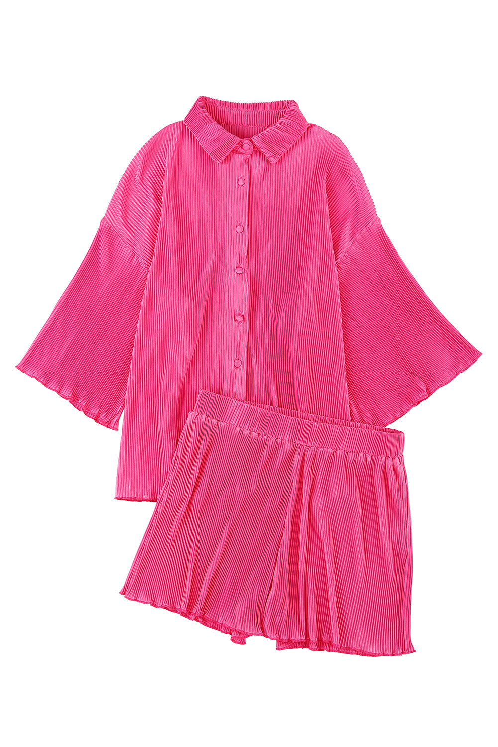 Rose Pleated Button Up Shirt and High Waisted Shorts Loungewear Set