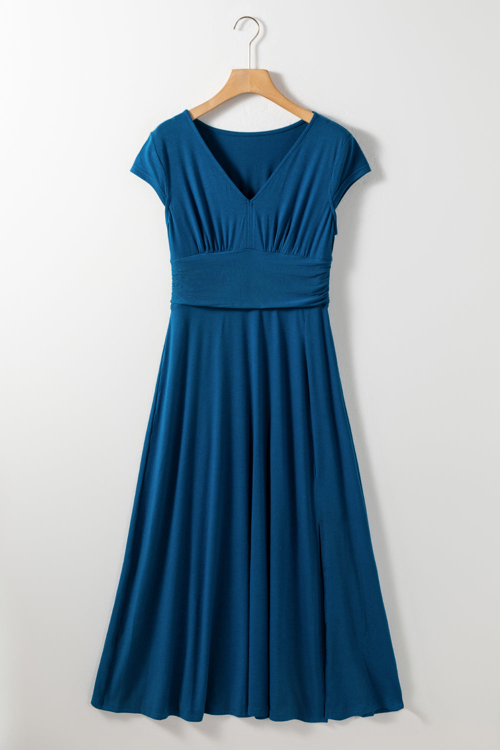 Peacock Blue Deep V Neck Ruched High Waist Midi Dress