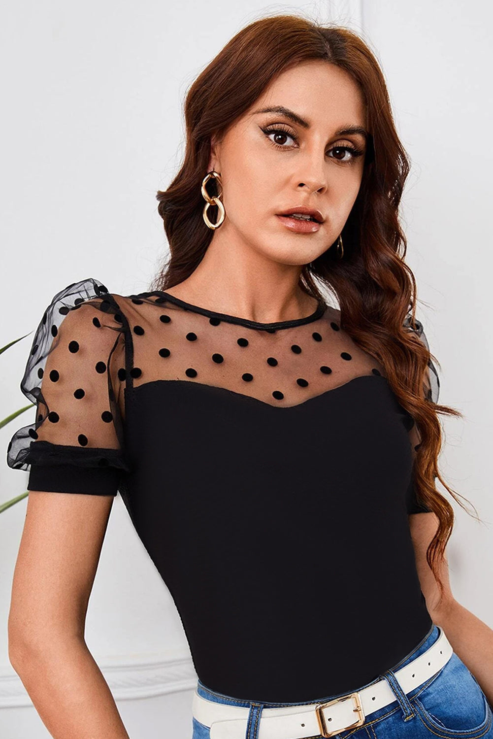 Black Mesh Polka Dot Puff Sleeve Blouse