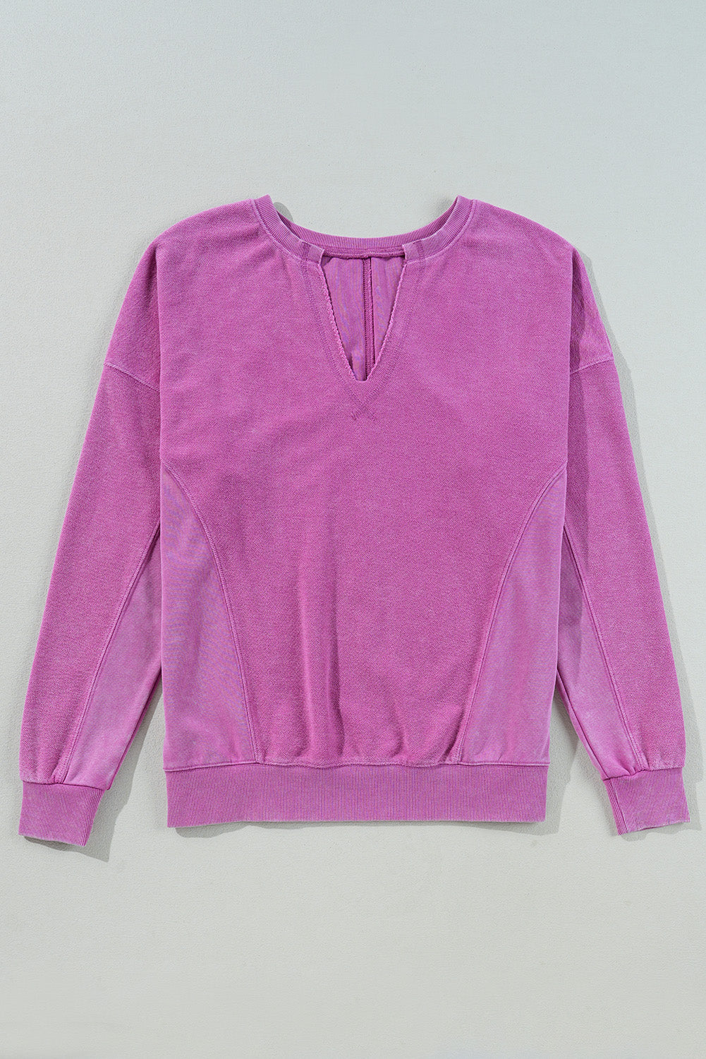 Bright Pink Notched Neck Exposed Seam Drop Shoulder Sweatshirt