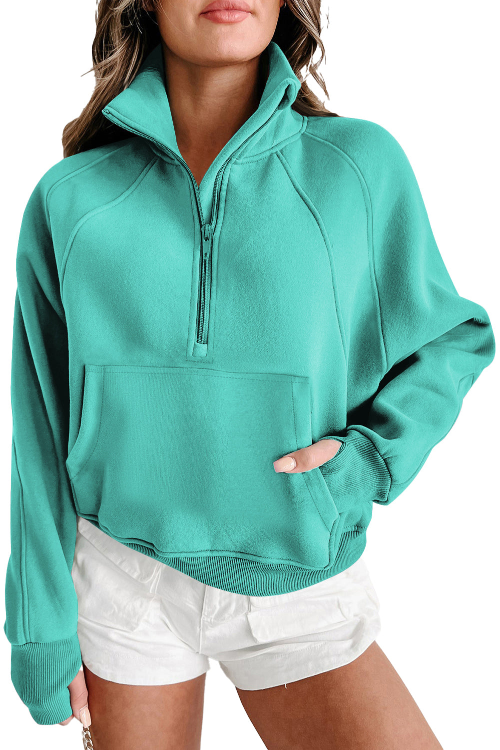 Aruba Blue Quarter Zip Stand Neck Kangaroo Pocket Sweatshirt