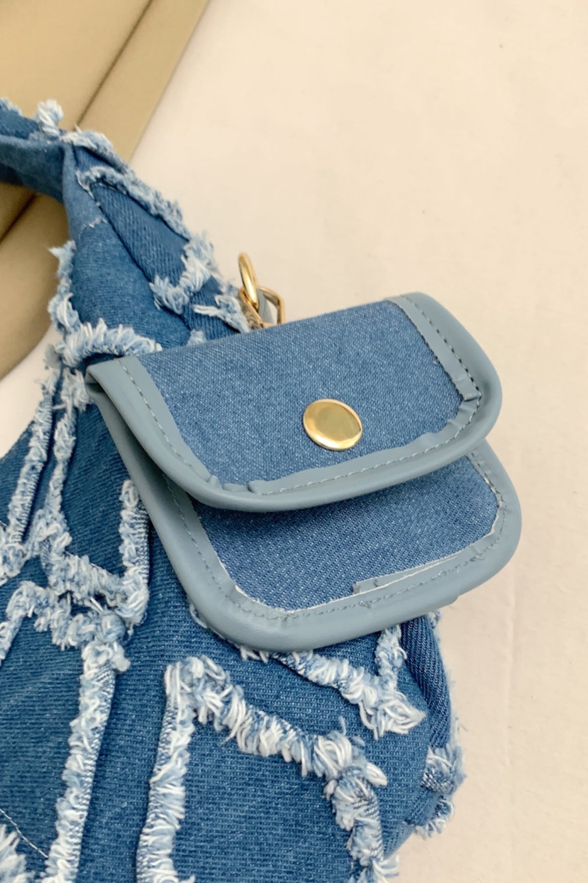 Raw Edge Denim Handbag with Pouch