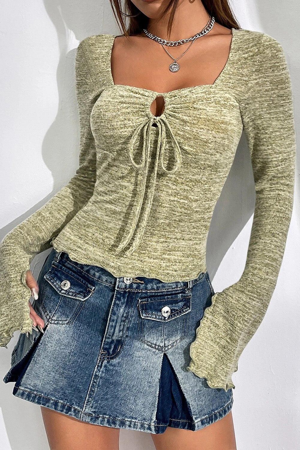 Spinach Green Sweetheart Square Lace Up Knit Top