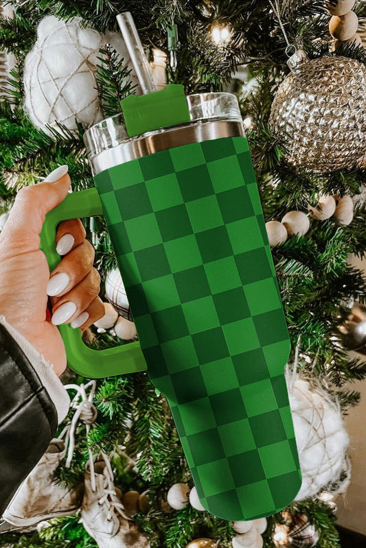 Green Plaid Print Stainless Cup with Straw & Lid