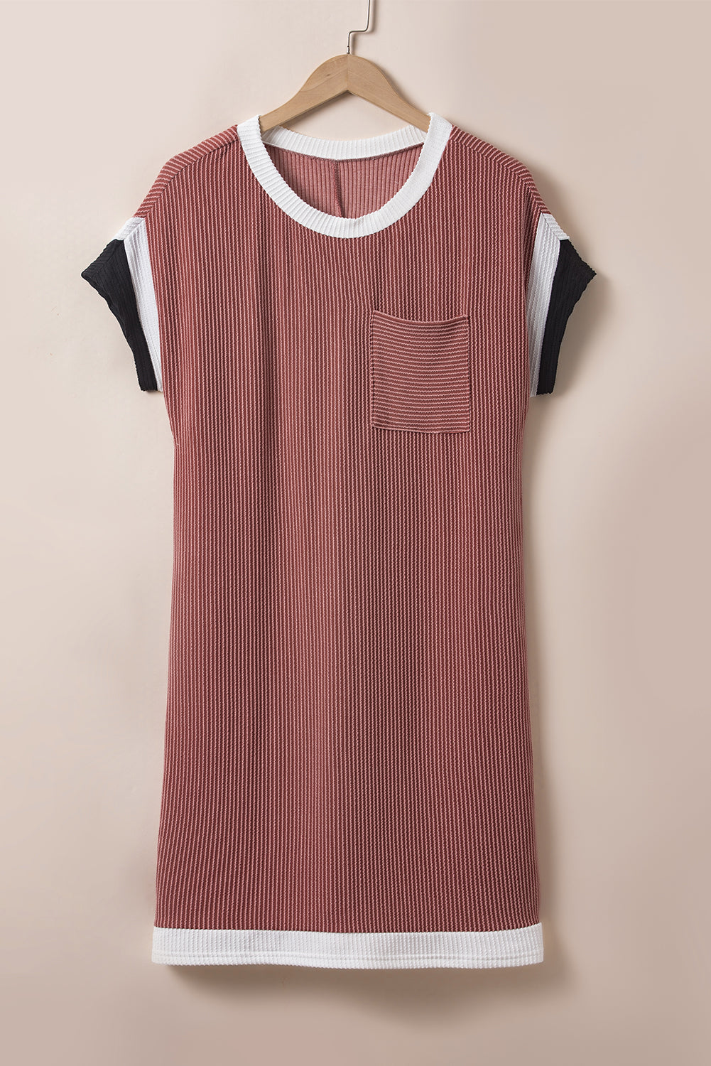 Light French Beige Rib Textured Colorblock Pocket T Shirt Dress