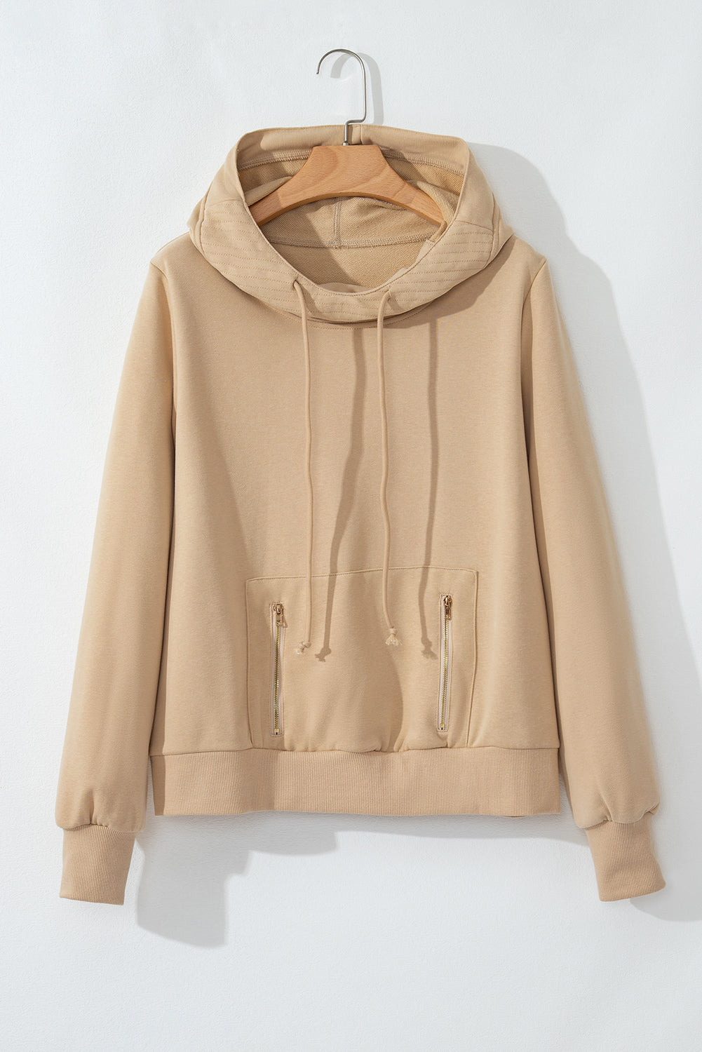 Parchment Zipped Pocket Plain Drawstring Hoodie