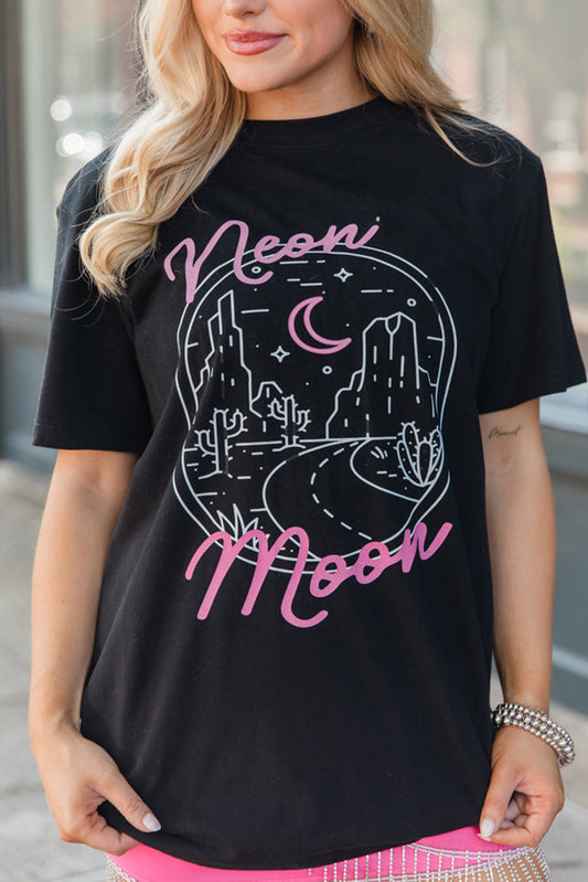 Black Tropical neon moon Letter Graphic Short Sleeve T Shirt