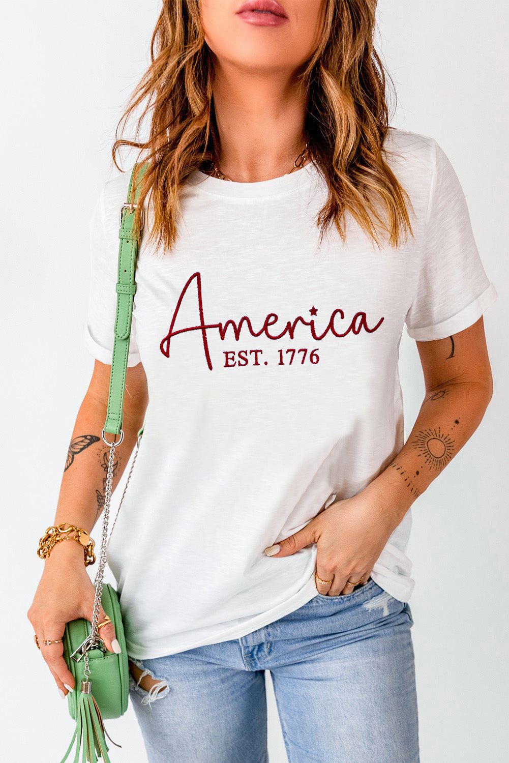 White America Letter Graphic Crew Neck T Shirts