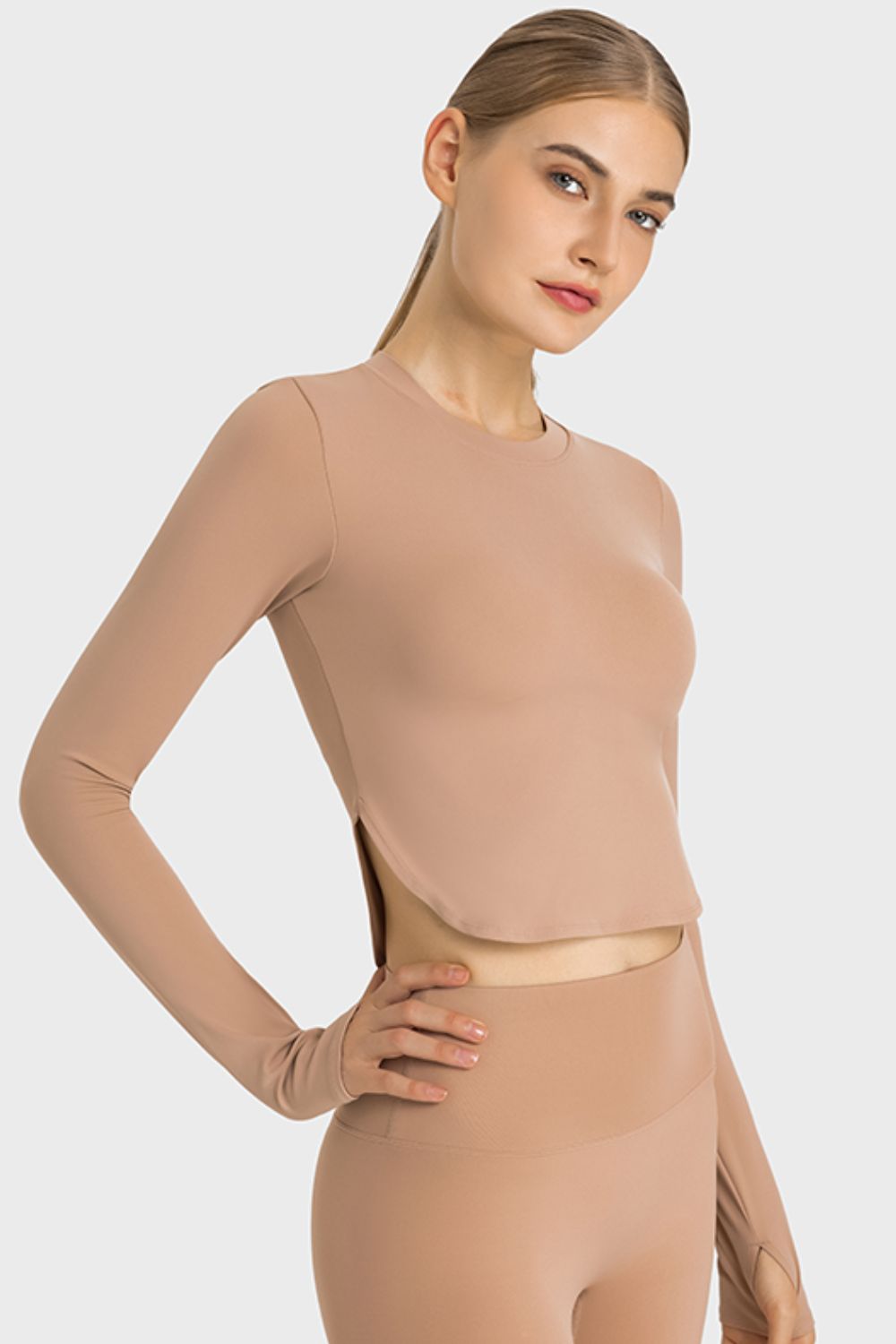 Millennia Side Slit Long Sleeve Round Neck Crop Top