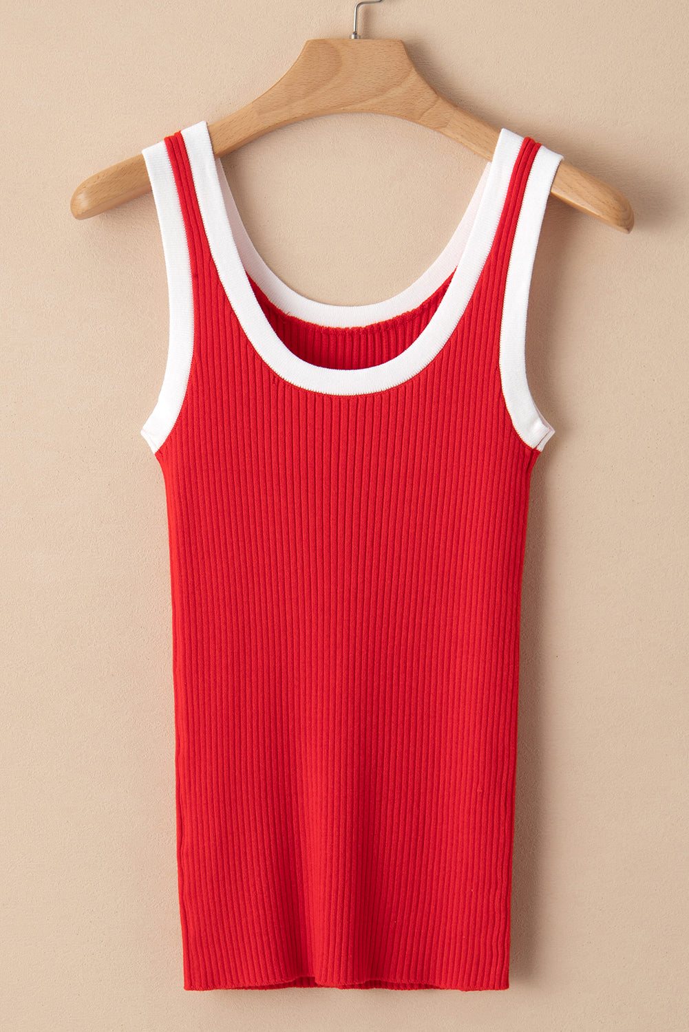 Fiery Red Contrast Trim U Neck Ribbed Knit Tank Top