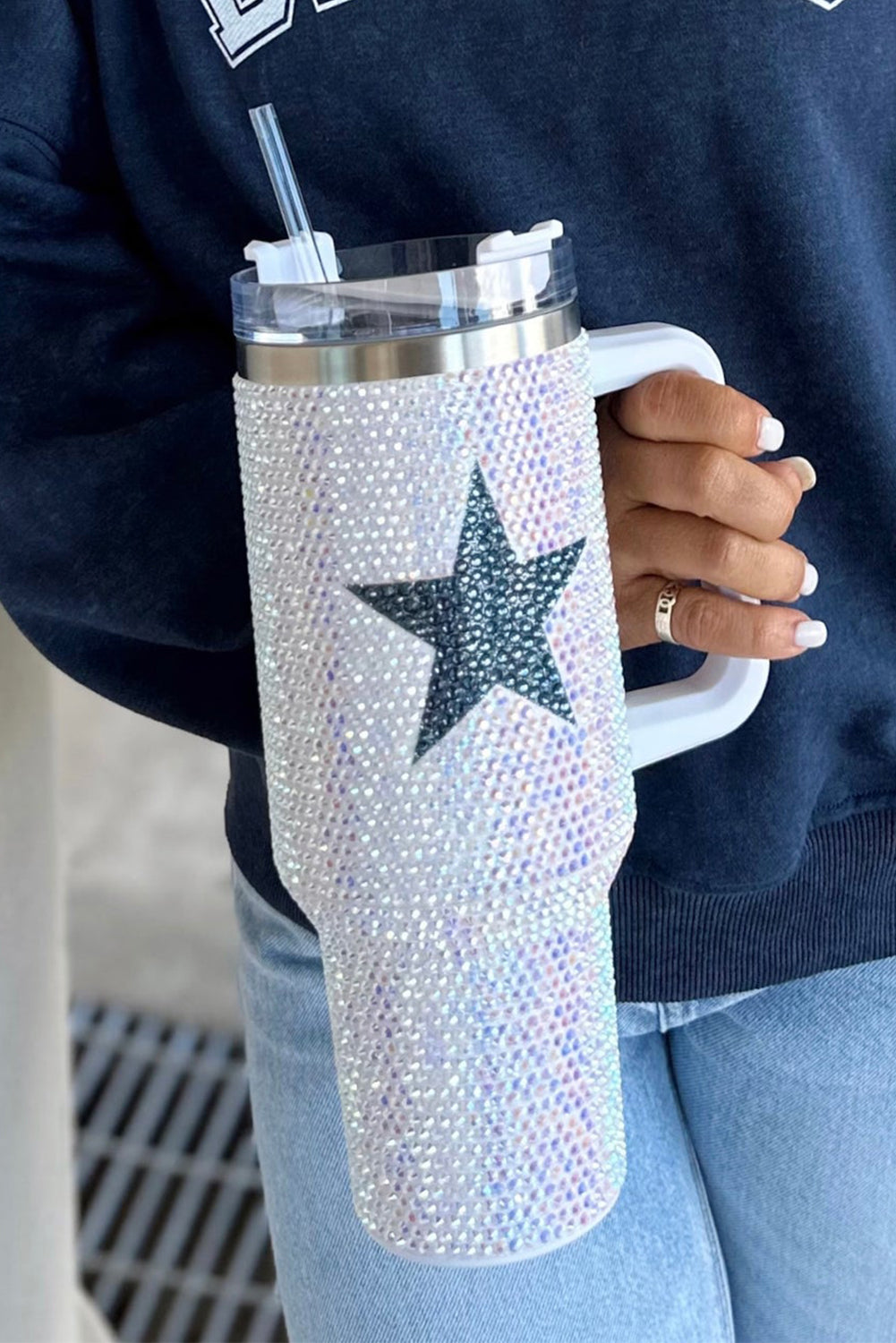 White 40oz Star Shape Full Rhinestone Stainless Portable Cup