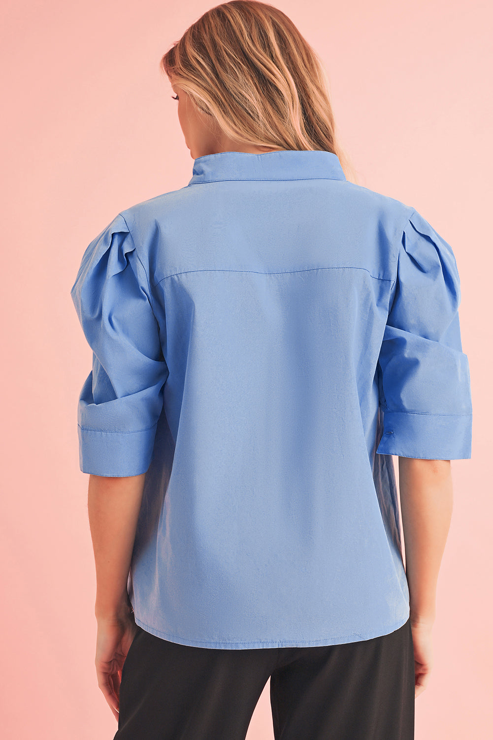 Sky Blue Solid Color Puff Short Sleeve Pleated Blouse