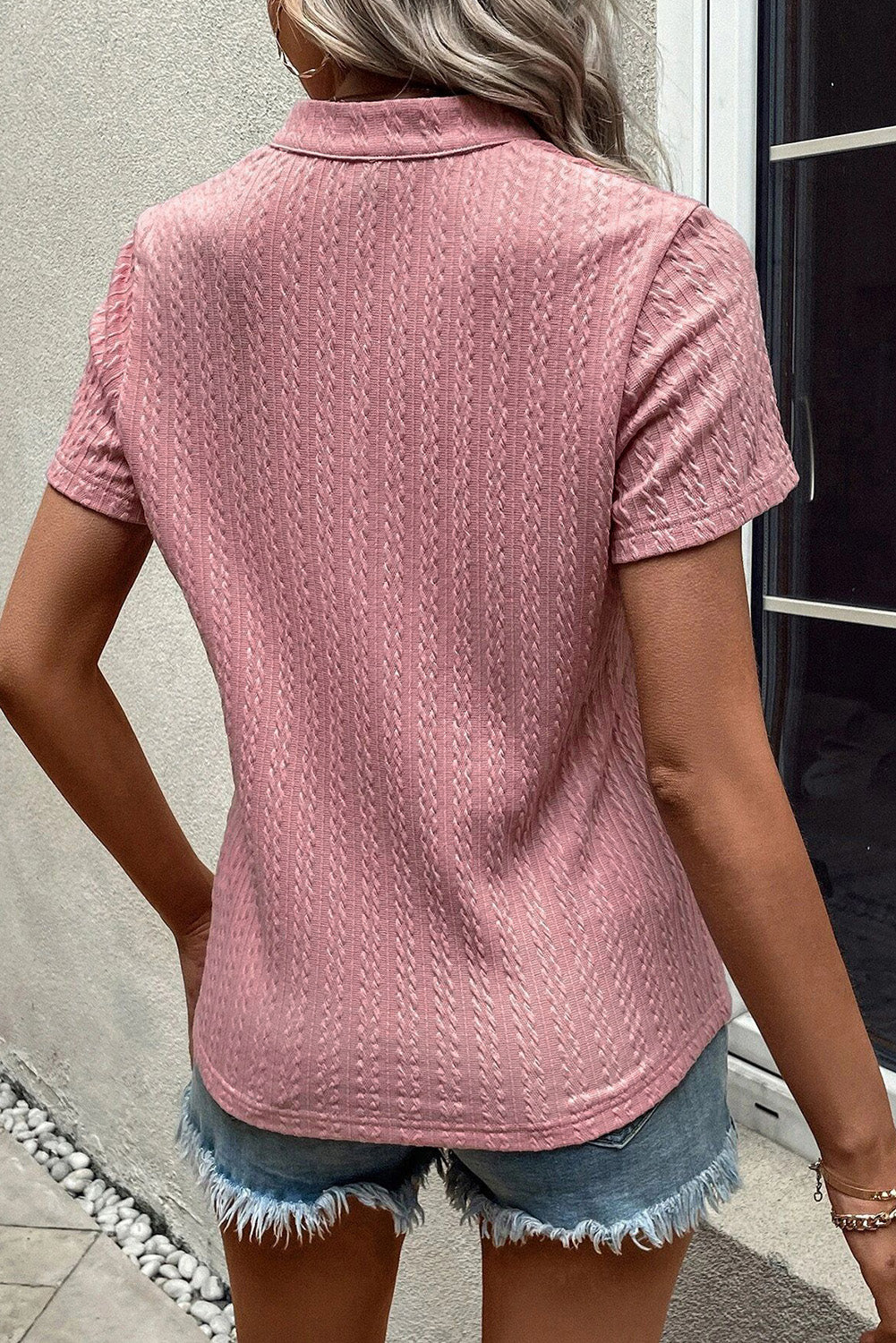 Pink Twisted Textured V-Neck Short Sleeve Blouse