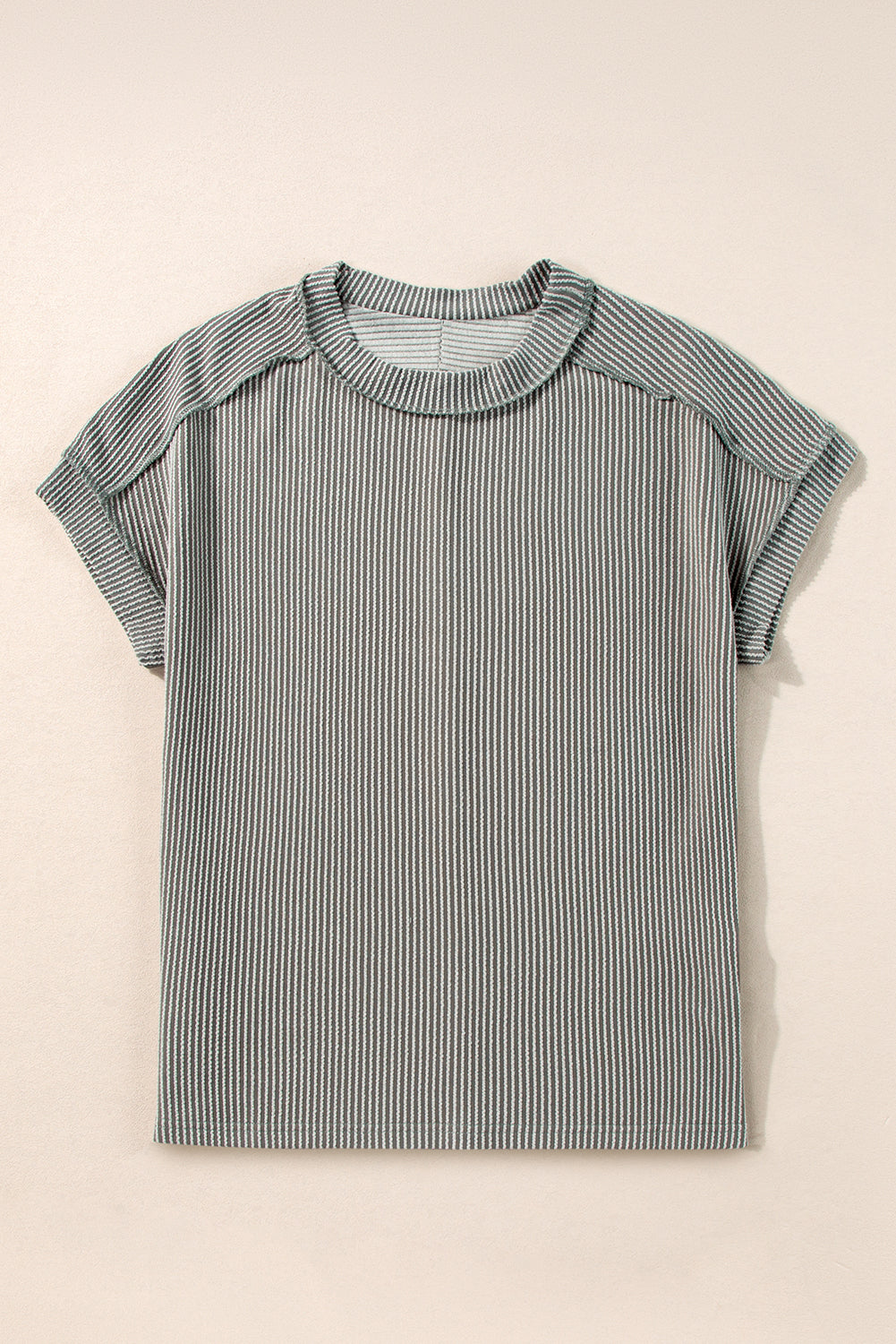 Medium Grey Crinkle Rib Knit Exposed Seam Round Neck T-shirt