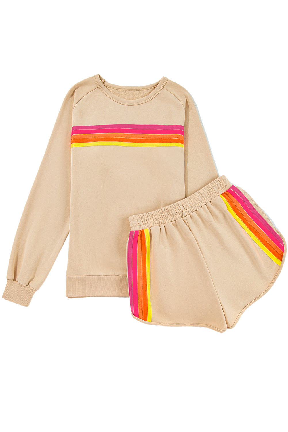 Black Colorful Striped Long Sleeve Pullover and Shorts Set