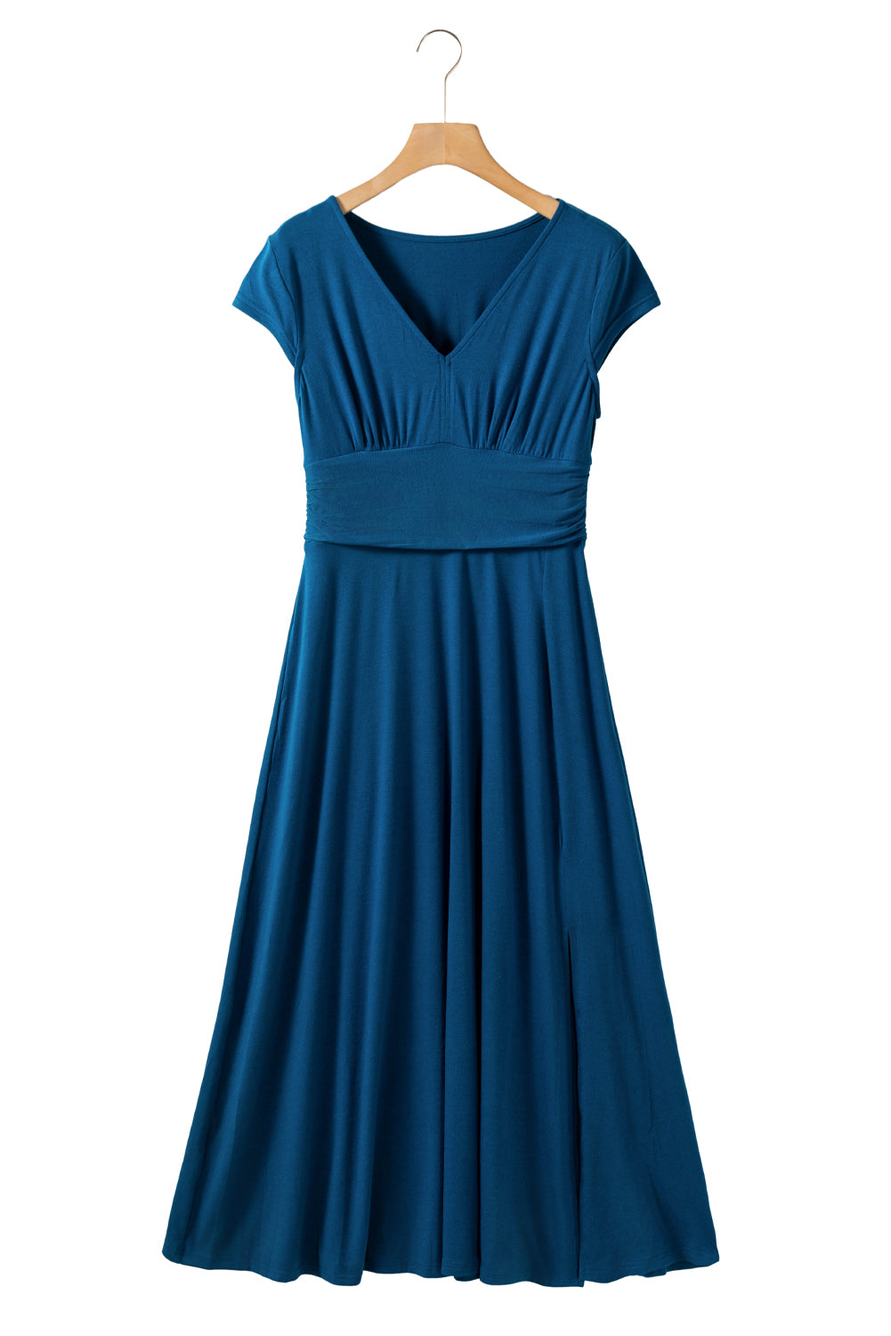 Peacock Blue Deep V Neck Ruched High Waist Midi Dress