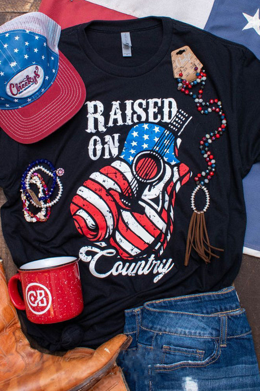 Black Raised On Country USA Flag Guitar Graphic Tee